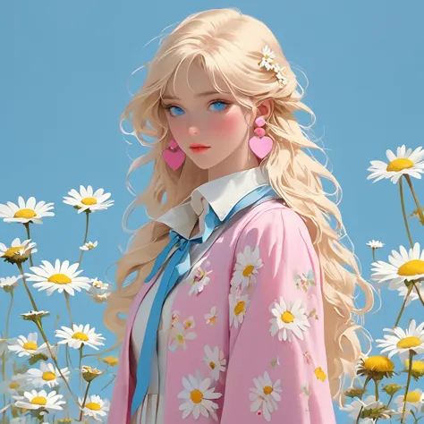 highest quality, masterpiece, pretty girl, blonde pink long hair, slightly curly hair, yellow earrings, collar, (pink and white ...