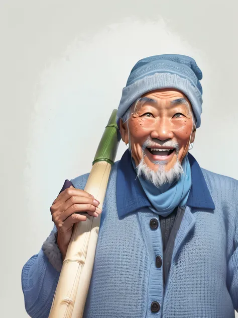 An old grandfather，Asian，Farmers，kindly，(((Laugh out loud)))，(((smiling eyes)))，Eyes narrowed with smile，A few teeth，White beard...