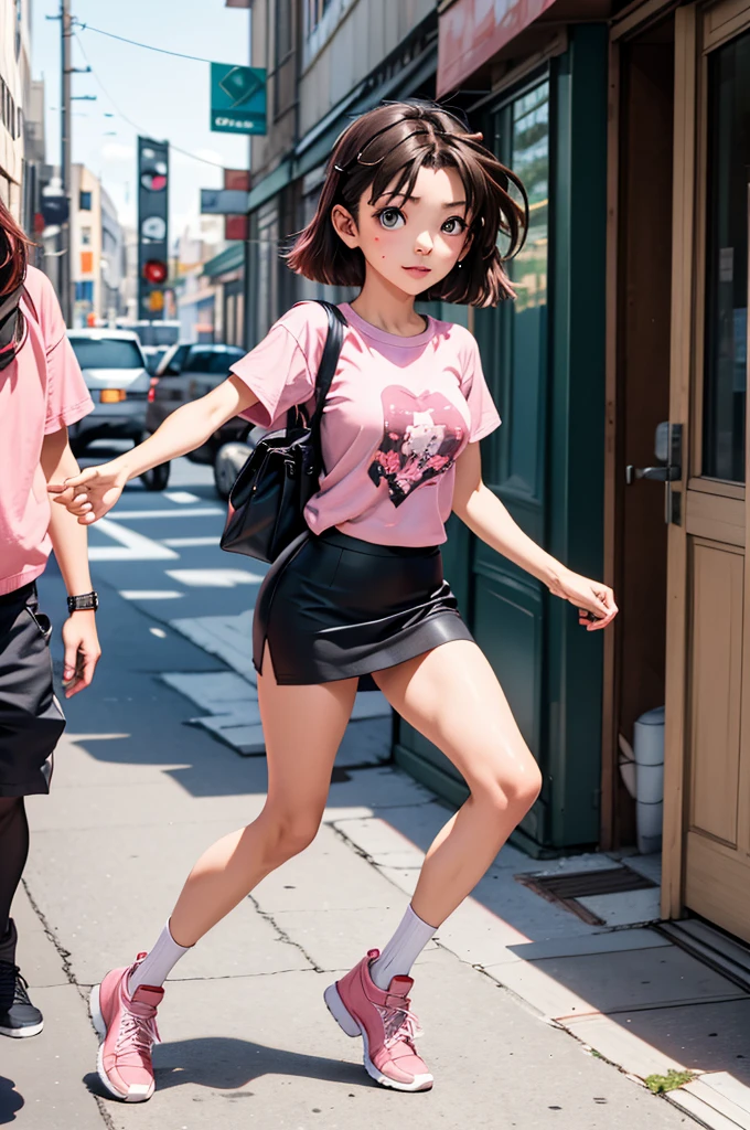 (masterpiece, best quality), 1girl, ayumiyoshida. Full body. Mini skirt. Loose pink t-shirt