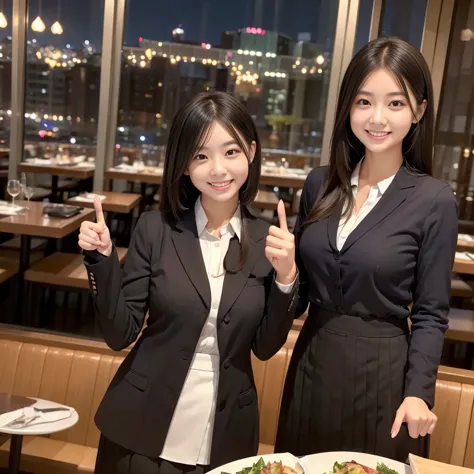 A confident smile, Dining in a restaurant with a beautiful night view,2 students、While talking near the restaurant、Posing with t...