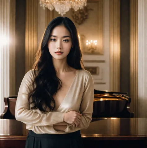 a woman standing in front of a grand piano in a room, cover photo portrait , RAW Photo, Best Quality), (Realistic, Photo Realist...