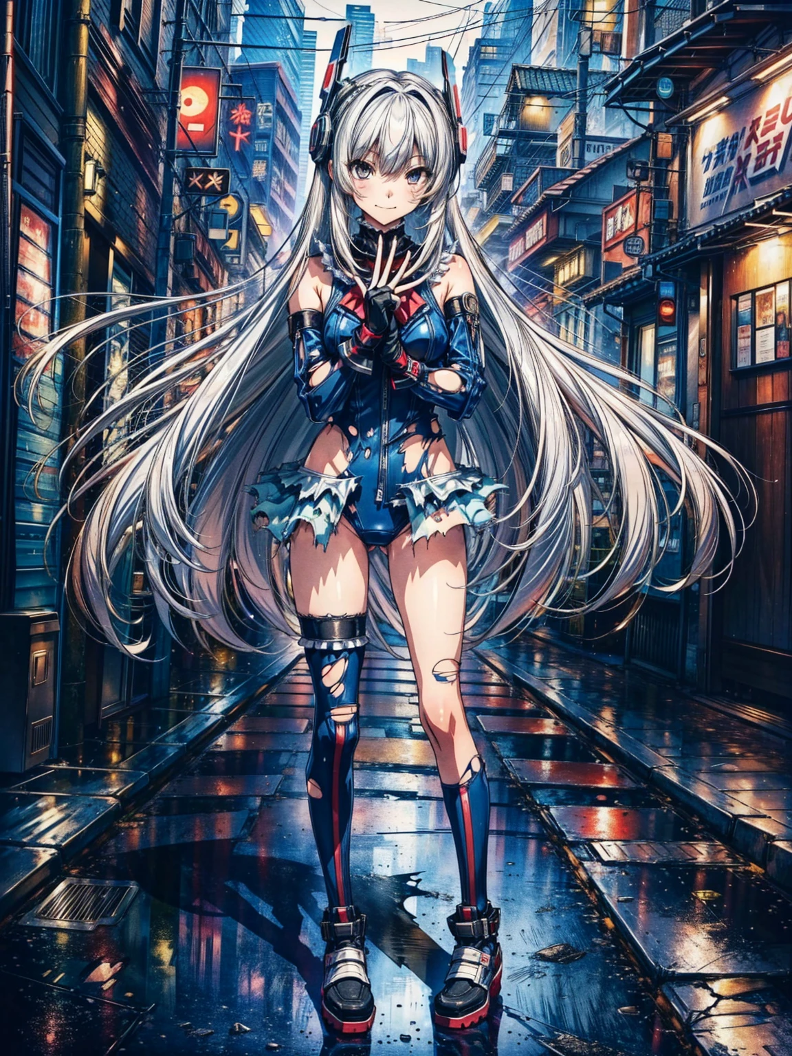 finest masterpiece, Super detailed, Highest quality, Sharp focus, 12k, ultra hi resolution picture, big ,12k,Perfect Anatomy, Highest quality, Marie Rose,Wicked Smile,Provocative attitude
,,evil Smile,Anime Style,(Frilled swimsuit, Knee socks, Removed sleeve), (Anime Style:1.4) ,
,(White fingers:1.1,Black gloves),
Hollow Eyes,,One Girl、(Cyberpunk townscape:1.4),,(Very long hair:1.6),(whole body:1.3),
Silver Hair,(Full Face Headgear:1.6),(Torn clothes:1.8),Are standing,(full body:1.2),