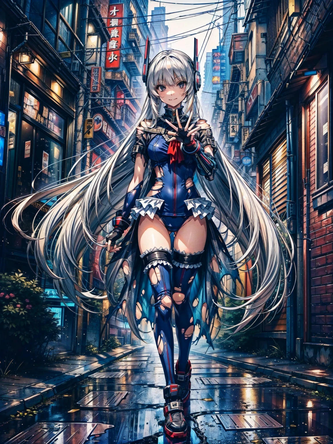 finest masterpiece, Super detailed, Highest quality, Sharp focus, 12k, ultra hi resolution picture, big ,12k,Perfect Anatomy, Highest quality, Marie Rose,Wicked Smile,Provocative attitude
,,evil Smile,Anime Style,(Frilled swimsuit, Knee socks, Removed sleeve), (Anime Style:1.4) ,
,(White fingers:1.1,Black gloves),
Hollow Eyes,,One Girl、(Cyberpunk townscape:1.4),,(Very long hair:1.6),(whole body:1.3),
Silver Hair,(Full Face Headgear:1.6),(Torn clothes:1.8),Are standing,(full body:1.2),