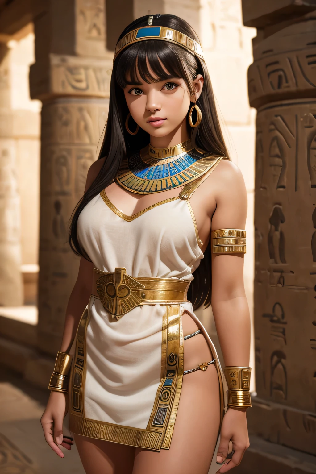 Cute teen girl in ancient Egyptian mini dress, accurate, high resolution, top quality, Award-winning, depth of field, high detail, UHD, retina, masterpiece, textured skin, anatomically correct, super detail, high quality, HD, 4K, 8k, 16k