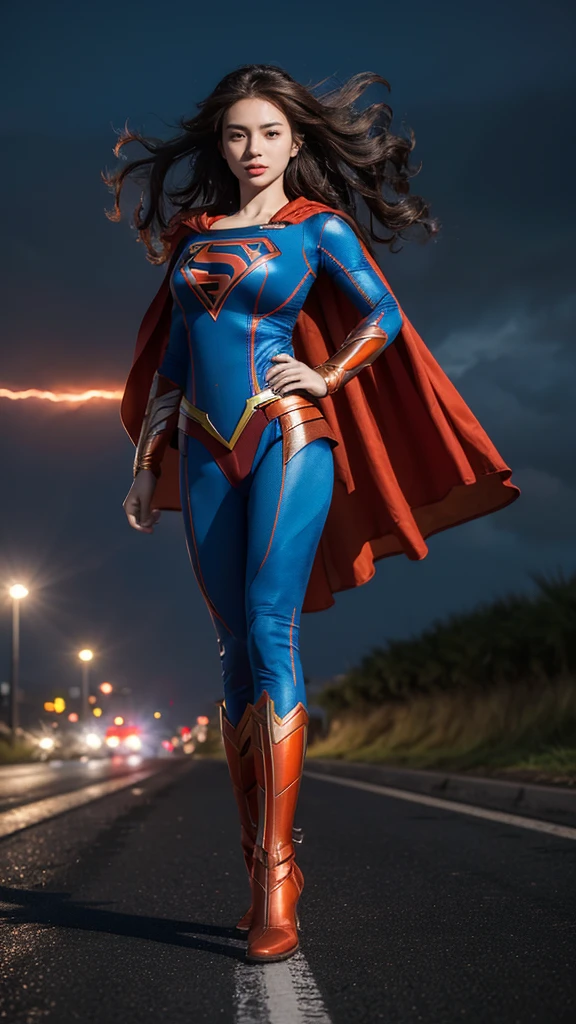 Masterpiece, best quality, NVIDIA RTX, full makeups, extremely beautiful, orange wavy hair, hair blown by winds, sharp picture, cinematic lightning, ((futuristic Supergirl)), ((tight Supergirl suit)), ((sexy suit Supergirl)), ((Supergirl symbol)), ((flying fast)), perfect face, fit body, (cape blown by strong winds:1.3), ((full body)), posing in the middle, symmetrical pose, epic lights reflection, night, smokes, from below