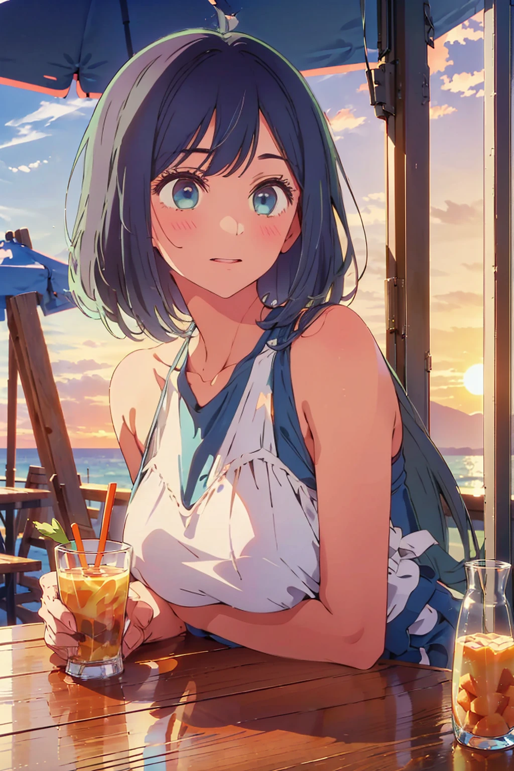 (Highest quality:1.4、masterpiece:1.4、Super detailed:1.4、8K:1.4)、((((1 person、Surprised expression、sit、Outdoor café terrace、coastal、juice、table、Sandy Beach、bikini、juiceのグラスを持つ、Big eyes、Shallow depth of field、Very cute face))))、(((bikiniサイズは小さい)))、(((sunset、Sunset)))、F cup bust、Big Breasts