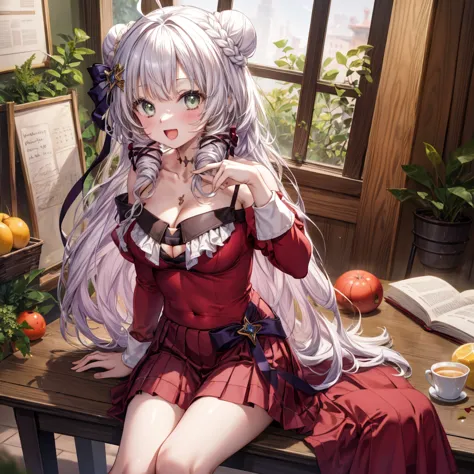 ((highest quality)), ((masterpiece)), (detailed), the girl in a santa costume is sitting on the floor with all of her ornaments,...