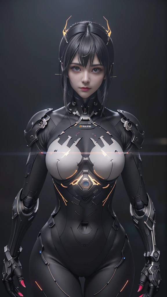 (From the front:1.5), (1机械女孩:1.5),whole body, Solitary, Slim waist, Thick thighs, (machine made joints:1.2),(Mechanical limbs:1.1),(Blood vessels connected to the tubes),(A mechanical vertebrae attached to the back),(Mechanical cervical fixation), Light on armor, Mecha head mirror, (Glowing arm:1.5), (Laser Eyes:1.5), Poker face, Huge breasts, rich and colorful,Human Development Report, Ray Tracing, nvidia RTX, Super Resolution, Unreal 5, Subsurface scattering, PBR Textures, Post-Processing, Anisotropic filtering, Depth of Field, Maximum clarity and sharpness, Rule of Thirds, 16K Raw, (Glowing particles:1.4), Extremely detailed的 CG, Unity 8K wallpaper, 3d, lighting, lens flare, Reflection, Clear focus, Cyberpunk Art, Practical, highly detailed CG illustration, Extremely delicate and beautiful, light, (photoPractical:1.5), (Dark background:1.5),Dynamic Angle, masterpiece, best quality, Extremely detailed, illustration, 详细的light, dramatic_shadow,face shadow,Very detailed,The best show,