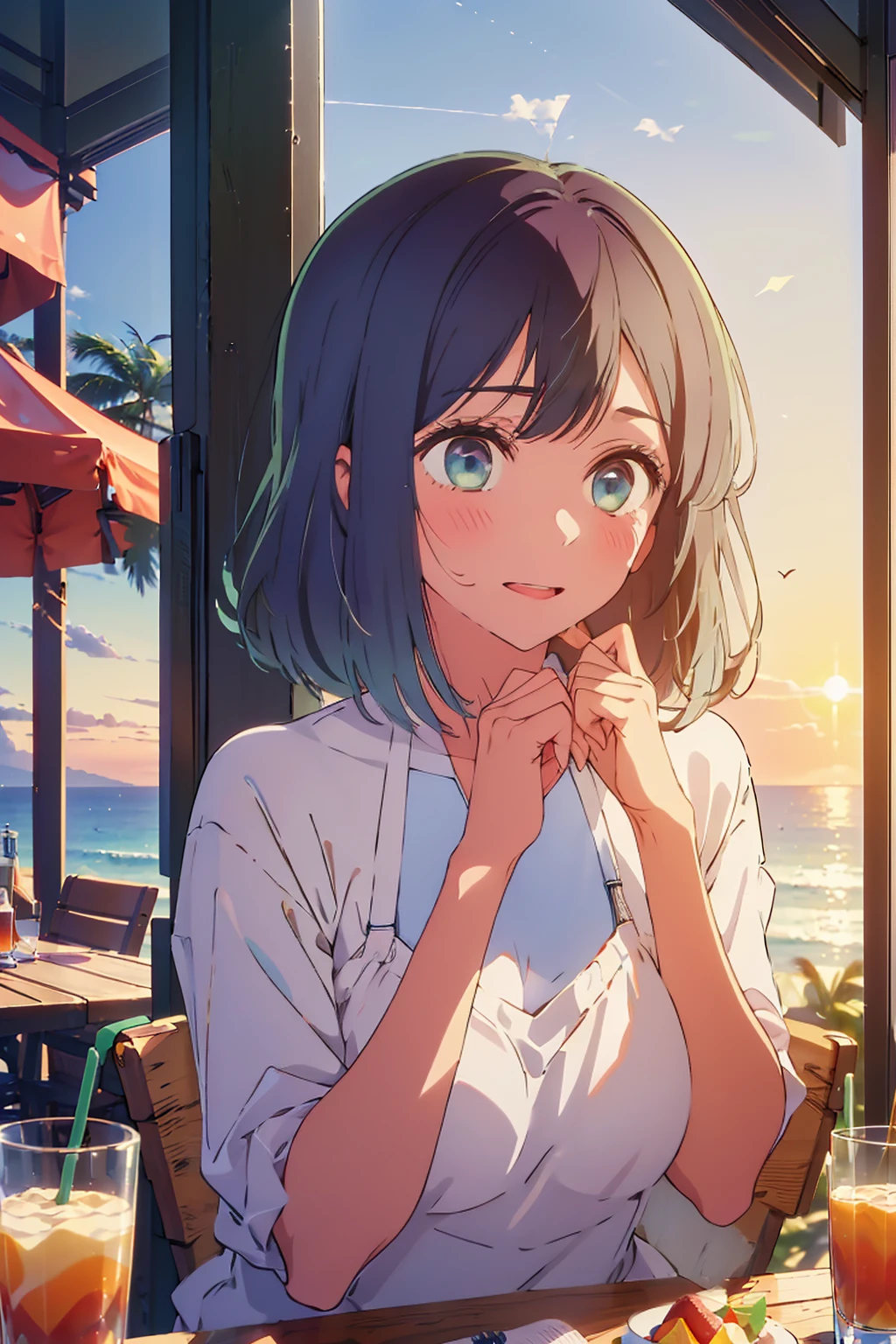 (Highest quality:1.4、masterpiece:1.4、Super detailed:1.4、8K:1.4)、((((1 person、Surprised expression、sit、Outdoor café terrace、coastal、juice、table、Sandy Beach、bikini、juiceのグラスを持つ、Big eyes、Shallow depth of field、Very cute face))))、(((bikiniサイズは小さい)))、(((sunset、Sunset)))、F cup bust、Big Breasts