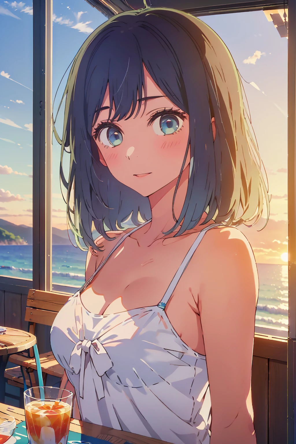 (Highest quality:1.4、masterpiece:1.4、Super detailed:1.4、8K:1.4)、((((1 person、Surprised expression、sit、Outdoor café terrace、coastal、juice、table、Sandy Beach、bikini、juiceのグラスを持つ、Big eyes、Shallow depth of field、Very cute face))))、(((bikiniサイズは小さい)))、(((sunset、Sunset)))、F cup bust、Big Breasts