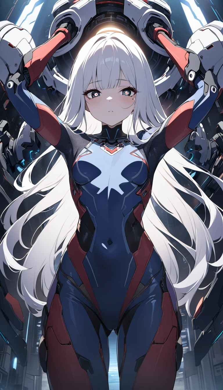 white hair, bangs, long hair, mole under eye, symbol-shaped pupils, cinematic lighting, chiaroscuro, textured skin, masterpiece, high details, super detail, A scene from a science fiction movie. A soldier who works in a city on a different planet from Earth. Wearing a functional bodysuit. The shoulders and arms are equipped with mechanical parts. young woman.