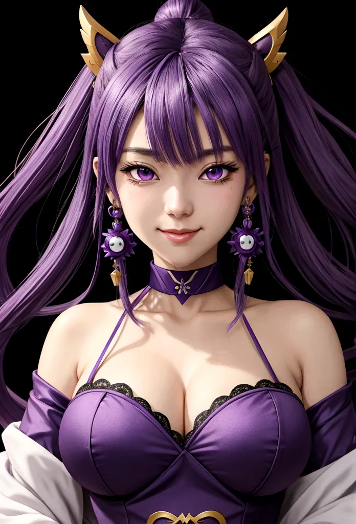Big breasted anime girl with purple hair and purple eyes wearing a purple outfit., Ayaka Genshin Impact, [[[[smiling evilly]]]],...