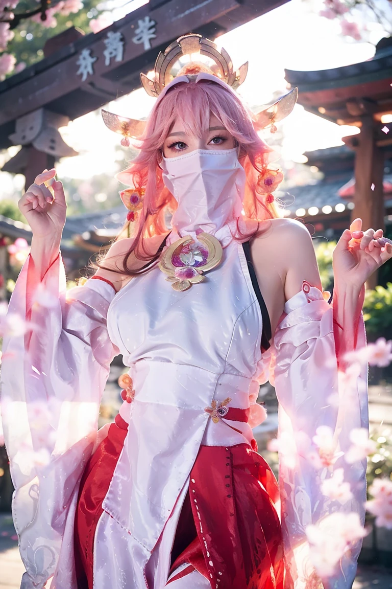 (Extreme Detail CG Unity 8K wallpaper, masterpiece, highest quality), (ulzzang-6500-v1.1:0.4) 1girl, kpop idol, yae miko, detached sleeves, pink hair, long hair, best quality, (photorealistic:1.2), (hair ornament:1.35), jewelry, fox ears, wearing face veil, (white face veil, silk mask veil:1.2), purple eyes, earrings, (very huge round breasts, big breasts: 1.2), torii, cherry blossoms, lantern light, depth of field, detailed face, face focus, (looking at viewer:1.25), shiny skin, long sleeves, cowboy shot, dynamic pose, (perfect proportions, elegant posture, sexypose:1.3), game cg, thigh highs, east asian architecture, blurry background, full body, focused expression, outdoor shrine setting, fantasy style,