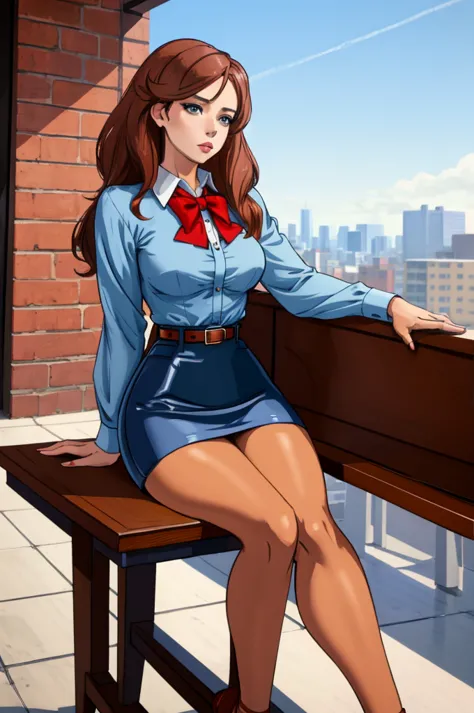 beautiful woman, wearing bow-back blouse and belted skirt, miniskirt, pantyhose, sitting on the edge of a table or ledge, ((solo...