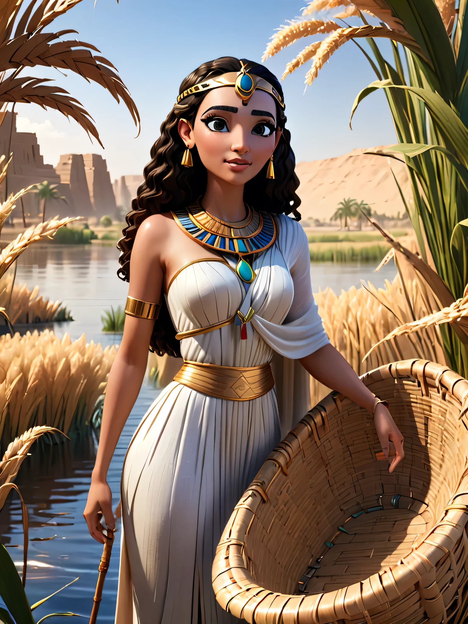 3d Egyptian princess meets Moses, inside a reed basket, Nile river background, Pixar render, cinematic smooth unreal engine, intricate detail, cinematic, high definition