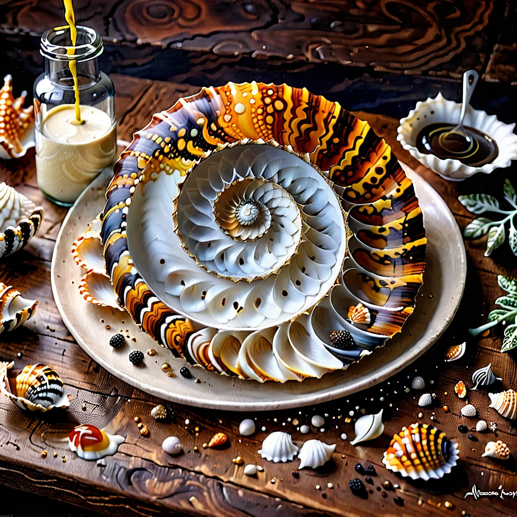 Hay una concha con una espiral dentro de ella sobre una mesa, una pintura hiperrealista de Alexander Kucharsky, Ganador del concurso central de zbrush, hyperrealism, imagen de comida súper realista, Fotografía de comida de arcilla polimérica 4k, increíble fotografía de comida, fotografía artística orgánica 8k, increíble ilustración de comida, ilustración hiperrealista, Ilustración fotorrealista, Arte digital hiperrealista