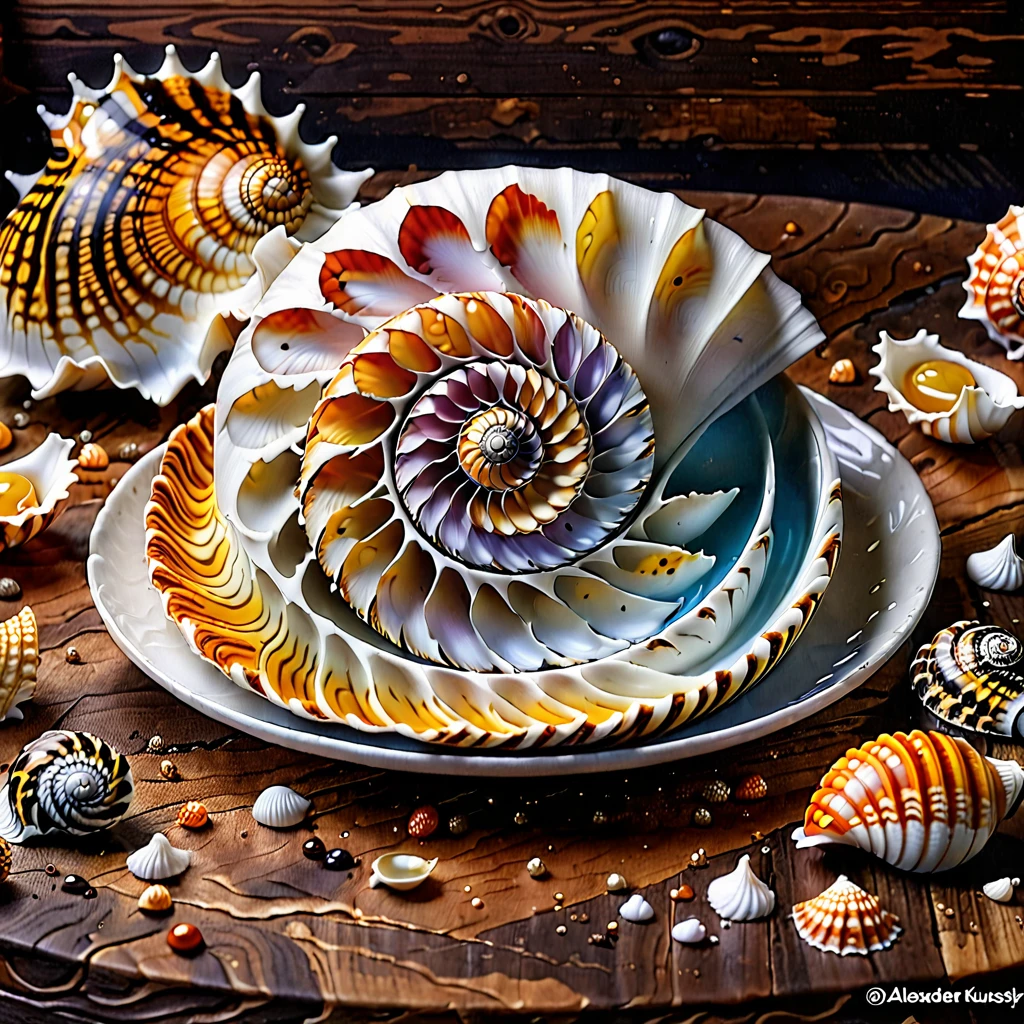 Hay una concha con una espiral dentro de ella sobre una mesa, una pintura hiperrealista de Alexander Kucharsky, Ganador del concurso central de zbrush, hyperrealism, imagen de comida súper realista, Fotografía de comida de arcilla polimérica 4k, increíble fotografía de comida, fotografía artística orgánica 8k, increíble ilustración de comida, ilustración hiperrealista, Ilustración fotorrealista, Arte digital hiperrealista