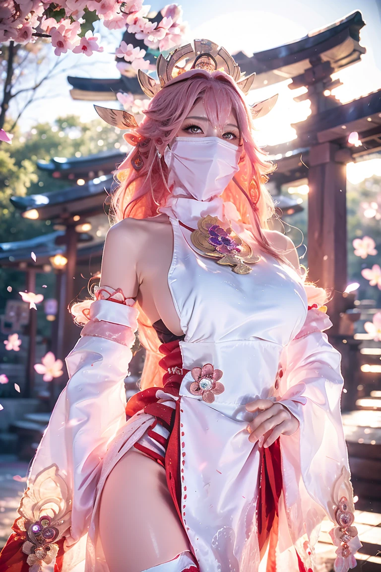 (Extreme Detail CG Unity 8K wallpaper, masterpiece, highest quality), (ulzzang-6500-v1.1:0.4) 1girl, kpop idol, yae miko, detached sleeves, pink hair, long hair, best quality, (photorealistic:1.2), (hair ornament:1.35), jewelry, fox ears, wearing face veil, (white face veil, silk mask veil:1.2), purple eyes, earrings, (very huge round breasts, big breasts: 1.2), torii, cherry blossoms, lantern light, depth of field, detailed face, face focus, (looking at viewer:1.25), shiny skin, long sleeves, cowboy shot, dynamic pose, (perfect proportions, elegant posture, sexypose:1.3), game cg, thigh highs, east asian architecture, blurry background, full body, focused expression, outdoor shrine setting, fantasy style,