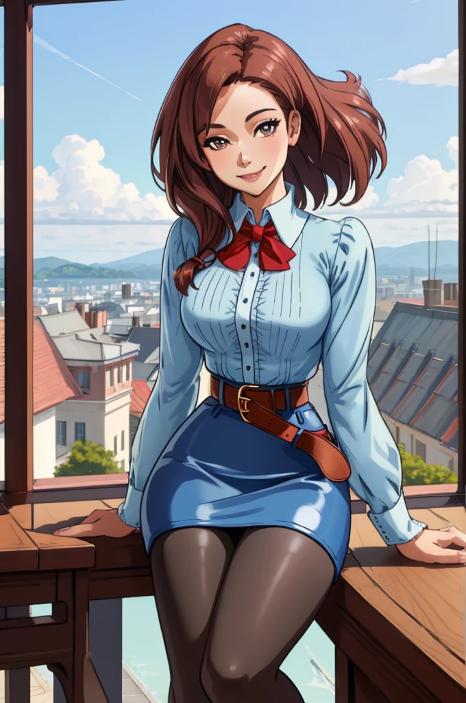 beautiful smiling woman, wearing Bow-back blouse and belted skirt, miniskirt, Pantyhose, Sitting on the edge of a table or ledge, ((solo)), (Mahogany, Sky, Ice blue palette), masterpiece, 8k, high resolution, shallow depth of field, sharp focus