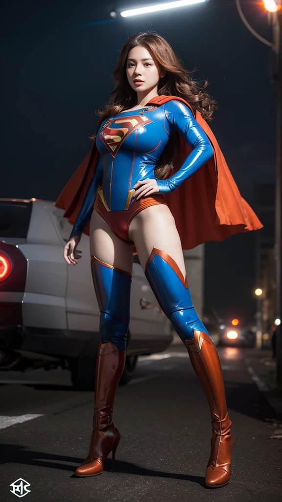 Masterpiece, best quality, NVIDIA RTX, full makeups, extremely beautiful, orange wavy hair, hair blown by winds, sharp picture, realistic skin details, cinematic lightning, intricate details, ((futuristic Supergirl)), ((tight suit)), ((sexy suit)), ((blue latex panties)), ((Supergirl symbol)), perfect face, proportional body, (cape blown by strong winds:1.3), ((full body)), cameltoe:1.4, thighs gap, bright background, posing in the middle, symmetrical pose, epic lights reflection, night, smokes, from below