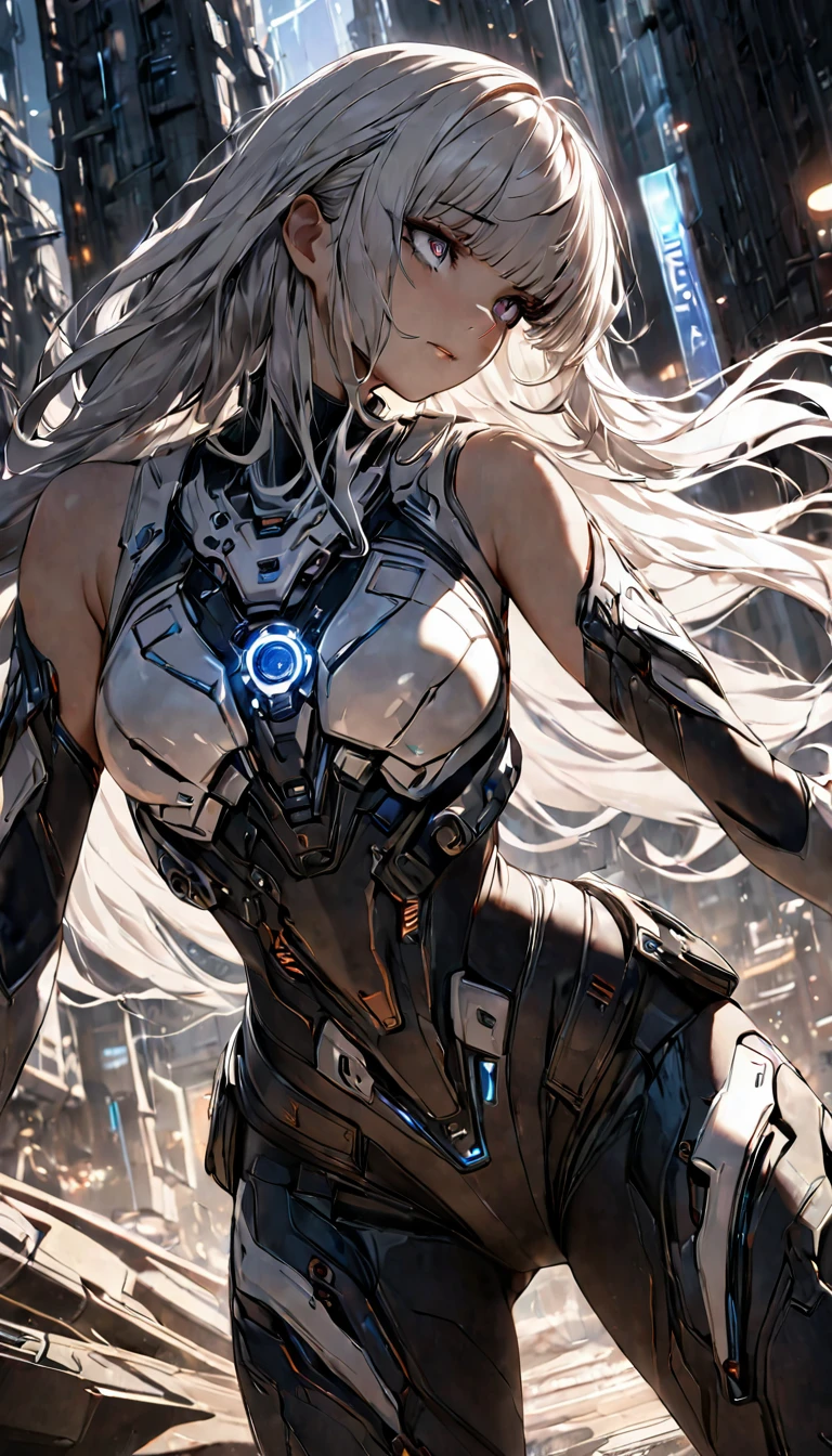 white hair, bangs, long hair, mole under eye, symbol-shaped pupils, cinematic lighting, chiaroscuro, textured skin, masterpiece, high details, super detail, A scene from a science fiction movie. A soldier who works in a city on a different planet from Earth. Wearing a functional bodysuit. The shoulders and arms are equipped with mechanical parts. young woman.