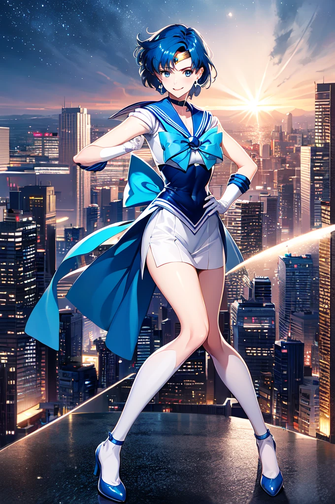 (solo, 1girl), (absurdres, highres, official wallpaper, poster), (masterpiece, best quality:1.2), (illustration, realistic), (perfect details, highest detailed, extreme detailed), dramatic light, AmiMizuno, (sailor mercury, neck ribbon, blue hair, short hair, circlet, jewelry, crescent earrings), (city, starry sky), (seductive smile, blush, standing), full body, hand on hip