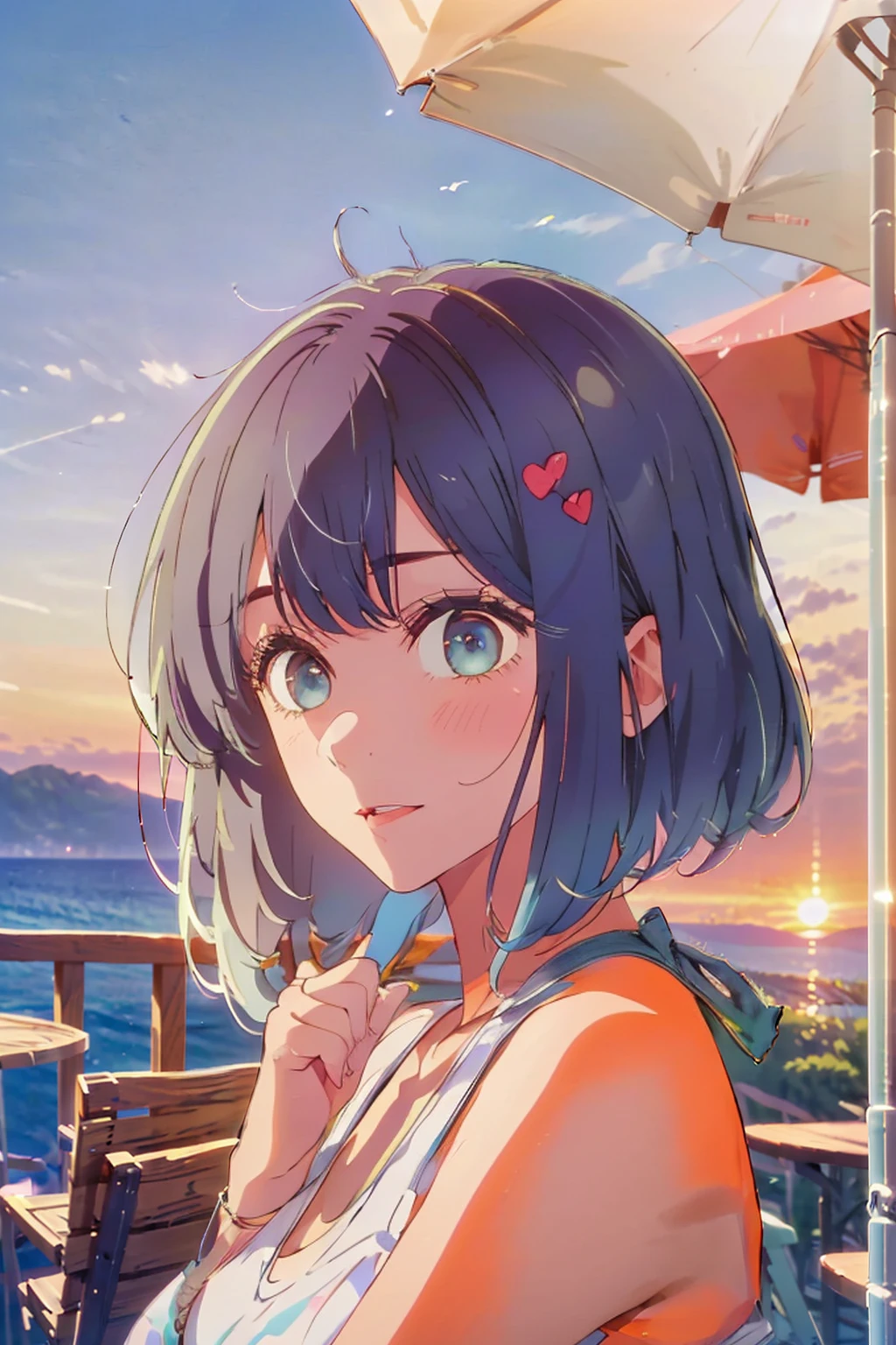 (Highest quality:1.4、masterpiece:1.4、Super detailed:1.4、8K:1.4)、((((1 person、Surprised expression、sit、Outdoor café terrace、coastal、juice、table、Sandy Beach、bikini、juiceのグラスを持つ、Big eyes、Shallow depth of field、Very cute face))))、(((bikiniサイズは小さい)))、(((sunset、Sunset)))、F cup bust、Big Breasts