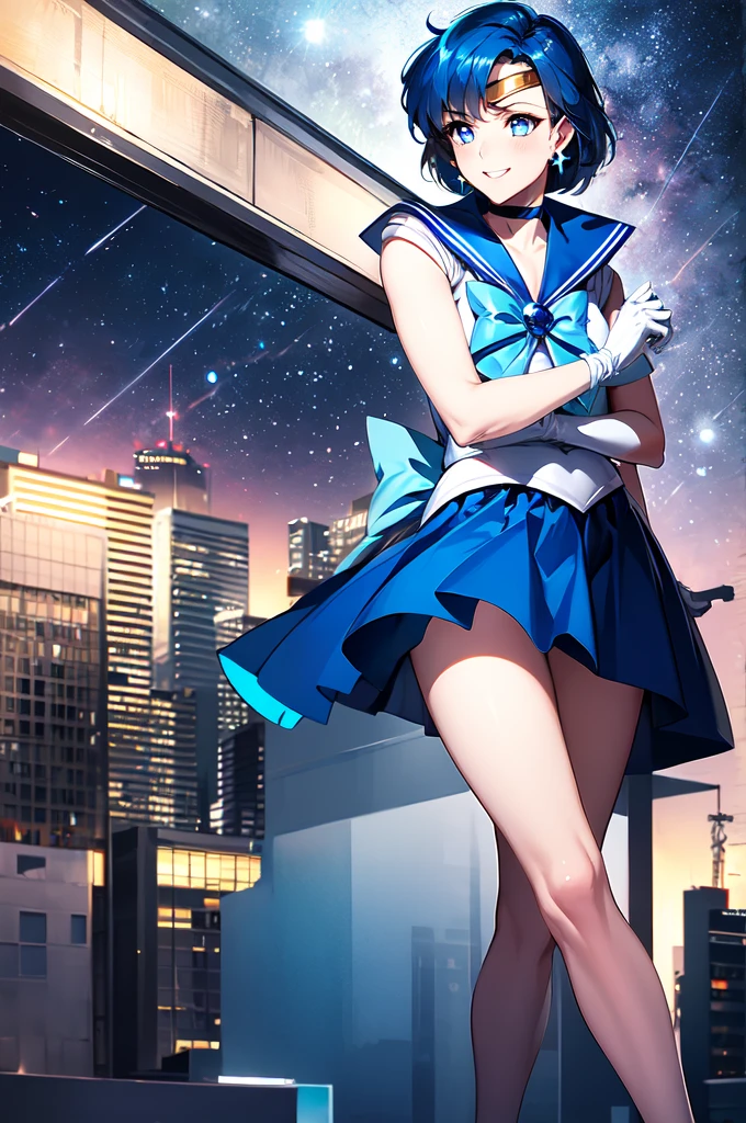 (solo, 1girl), (absurdres, highres, official wallpaper, poster), (masterpiece, best quality:1.2), (illustration, realistic), (perfect details, highest detailed, extreme detailed), dramatic light, AmiMizuno, (sailor mercury, neck ribbon, blue hair, short hair, circlet, jewelry, crescent earrings), (city, starry sky), (seductive smile, blush, standing), full body, hand on hip