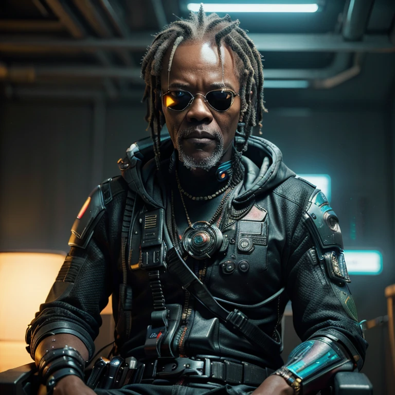 ((masterpiece, highest quality, hires, amazing detail, 8k, best quality)), cinematic, portait, closeup shot of middle aged man / Samuel l jackson/, wearing highly damaged battlesuit, perfect facial hair, scars, cybernetic implants, mirrorshades, in the artstyle of shirow masamune, ghost in the shell, gantz, gritty, cyberpunk background, dynamic colours