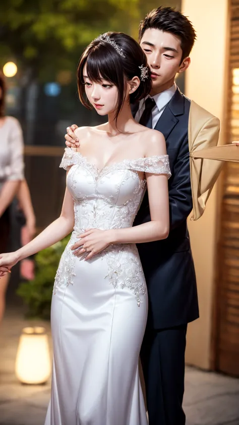 off-the-shoulder wedding dresses、beautiful young wife、super detailed、particles of light:0.5、shiny and smooth skin texture、first ...