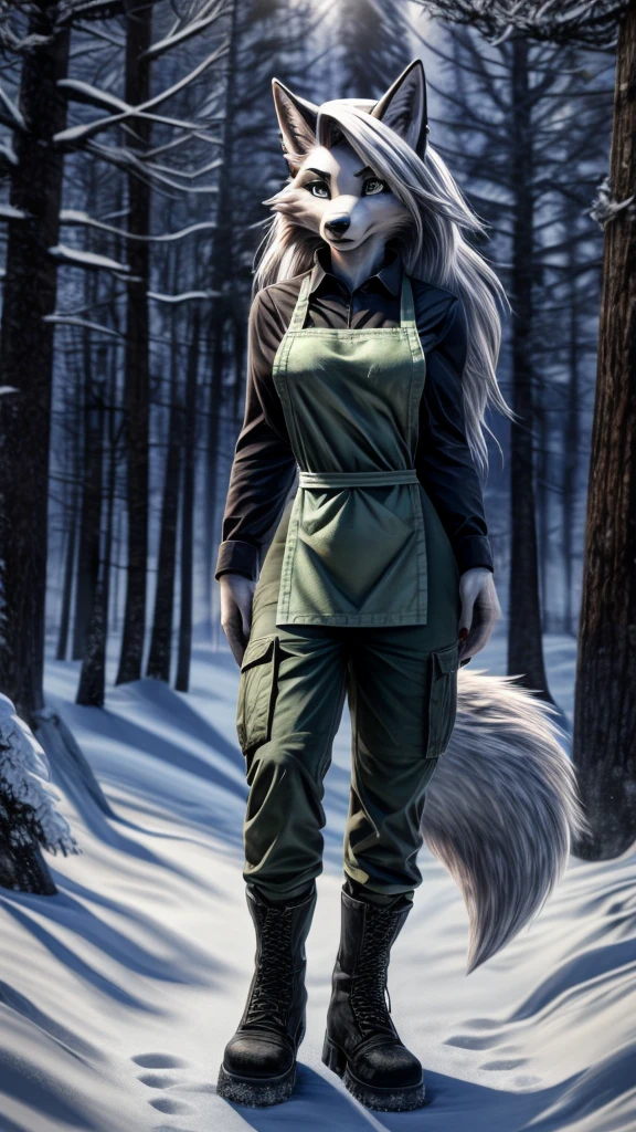 Loona from Helluva Boss, female wolf, mature adult, anthro, white hair, grey eyes, tall, green long sleeve shirt, army cargo pants, boots, vinyl apron, snow forest, snow, forest, standing, dark lighting, detailed, solo, beautiful, high quality, 4K