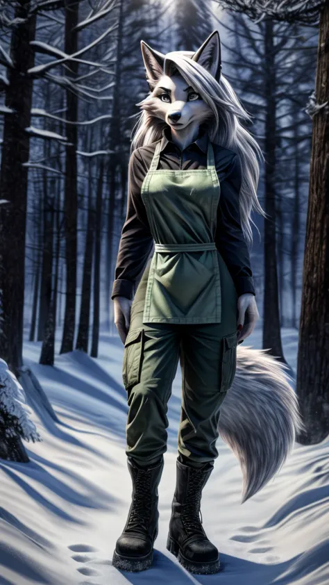 Loona from Helluva Boss, female wolf, mature adult, anthro, white hair, grey eyes, tall, green long sleeve shirt, army cargo pan...