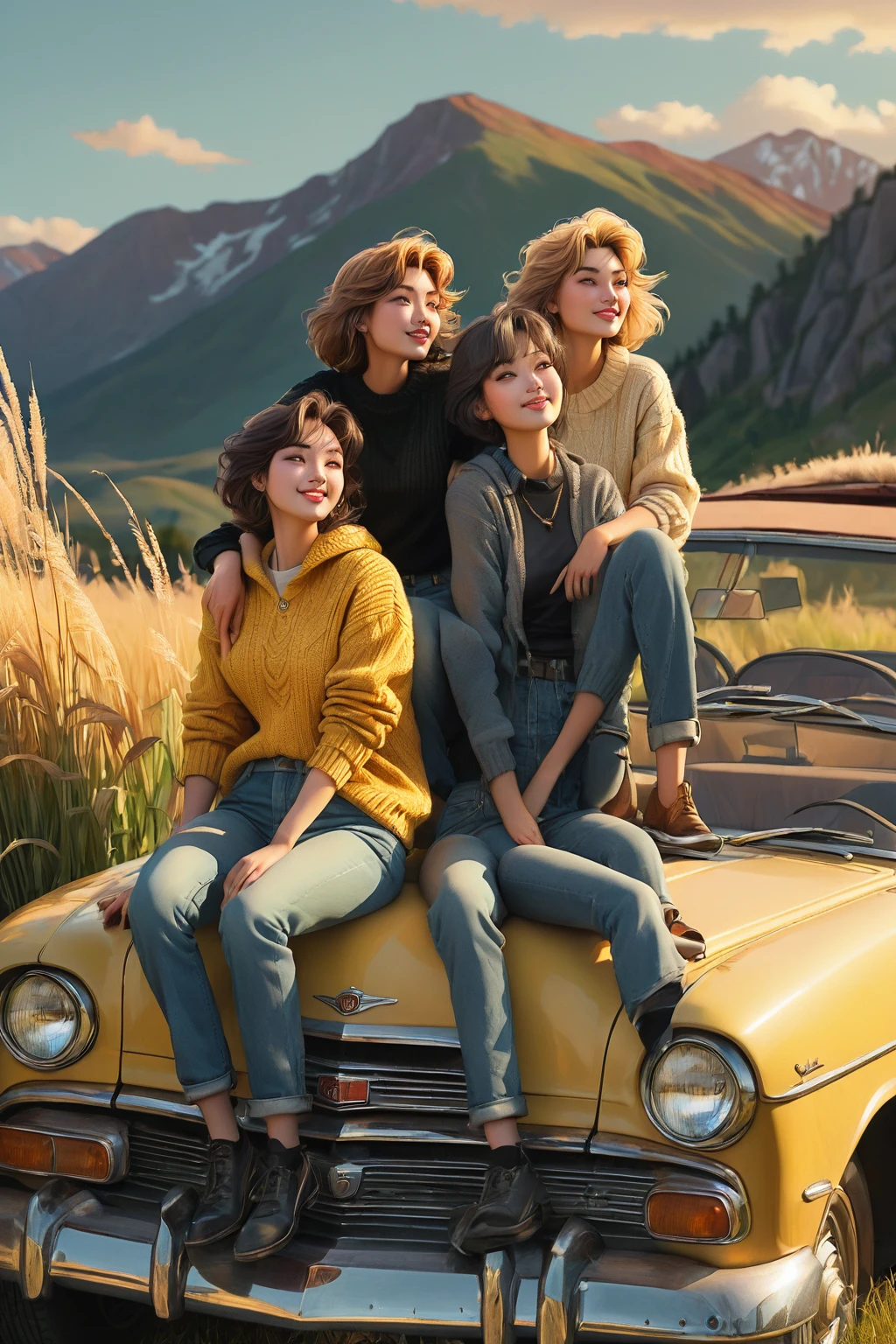 Real photo of two individuals sitting on the hood of a vintage car. The clothing should be casual, with one individual wearing a black top and jeans, and the other in a yellow sweater and light blue jeans. Both have medium-length hair styled in a relaxed manner. The location is outdoors during golden hour, with soft, warm lighting accentuating the scene. Tall grass surrounds the car, and mountains can be seen in the background under a clear sky. The pose is casual and friendly, with one individual facing slightly towards the camera while the other faces them as if engaged in conversation. Properties include the vintage car which should have a classic design indicative of mid-20th-century models. The camera angle is from a lower perspective looking up at the individuals to capture both their relaxed demeanor and the scenic background.
