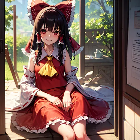 Reimu stands outside the door with a smile