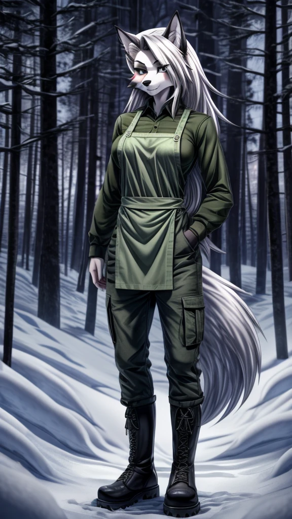 Loona from Helluva Boss, female wolf, mature adult, anthro, white hair, grey eyes, tall, green long sleeve shirt, army cargo pants, boots, vinyl apron, snow forest, snow, forest, standing, dark lighting, detailed, solo, beautiful, high quality, manhwa style, 4K