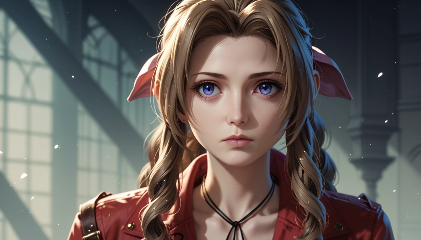 Aerith de ojos morados,ojos huecos,inexpresivo