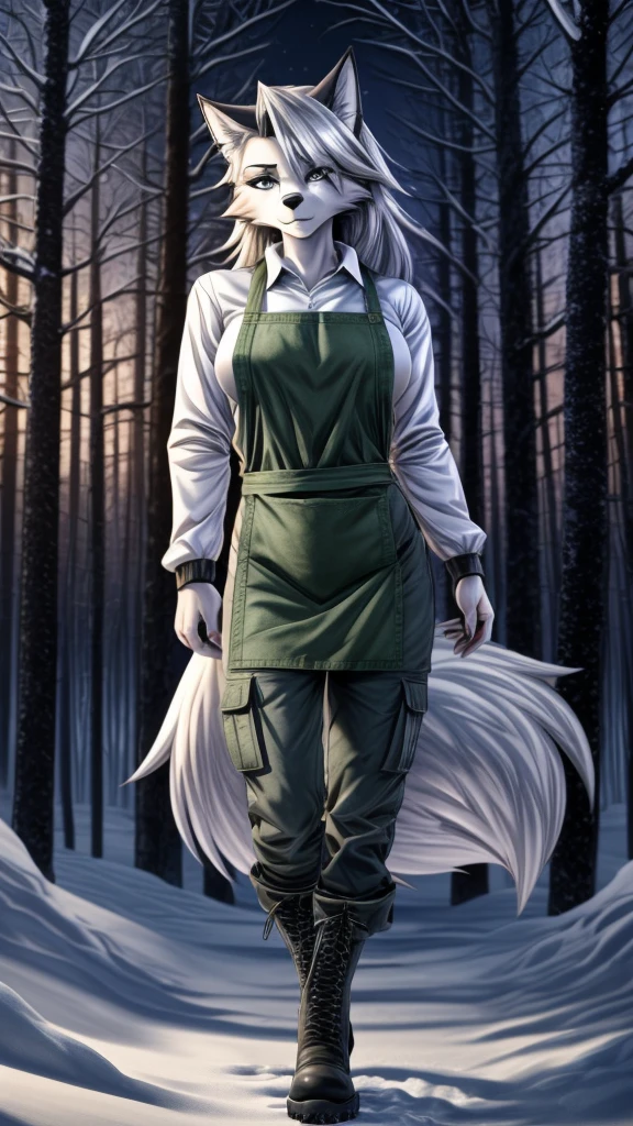 Loona from Helluva Boss, female wolf, mature adult, anthro, white hair, grey eyes, tall, green long sleeve shirt, army cargo pants, boots, vinyl apron, snow forest, snow, forest, standing, dark lighting, detailed, solo, beautiful, high quality, manhwa style, 4K