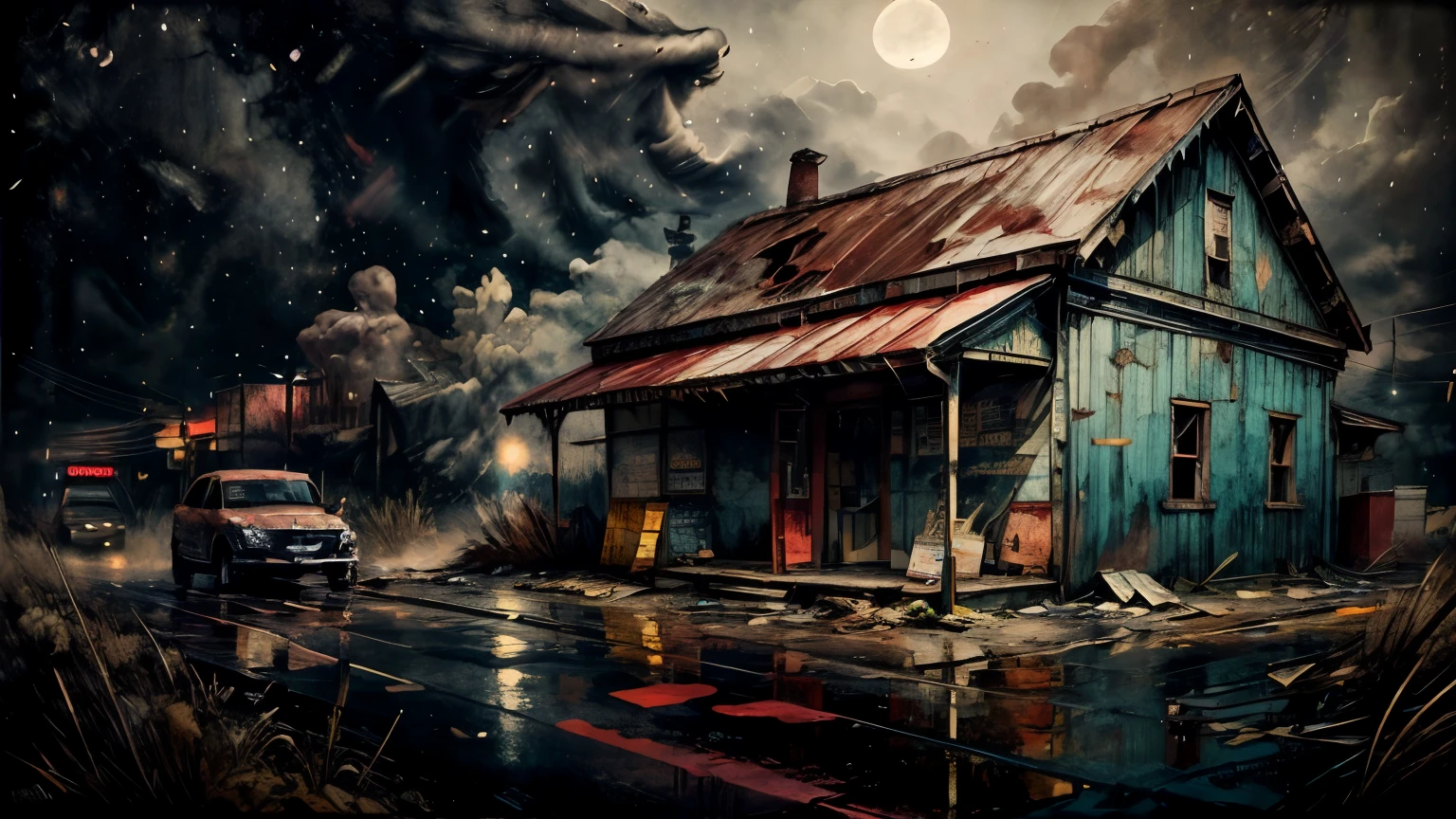 a dilapidated abandoned gas station at night, rain pouring down, wet roads, dark cloudy sky, smoke and dirt, atmospheric lighting, cinematic mood, dramatic shadows, gritty realism, award winning composition, hyper detailed, intricate details, photographic quality, professional photography, masterpiece