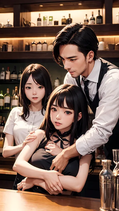 highest quality、4k quality、man to attack、bartender woman、a man hugs a woman&#39;s breastan puts his hand on woman&#39;between le...