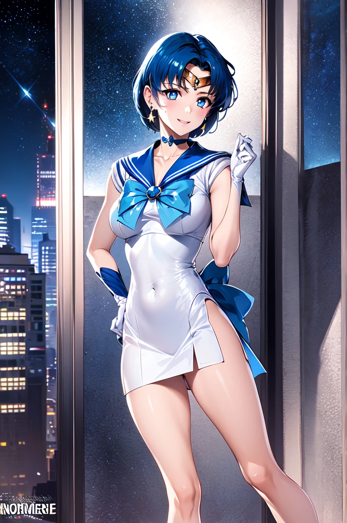 (solo, 1girl), (absurdres, highres, official wallpaper, poster), (masterpiece, best quality:1.2), (illustration, realistic), (perfect details, highest detailed, extreme detailed), dramatic light, AmiMizuno, (sailor mercury, neck ribbon, blue hair, short hair, circlet, jewelry, crescent earrings), (city, starry sky), (seductive smile, blush, standing), full body, hand on hip