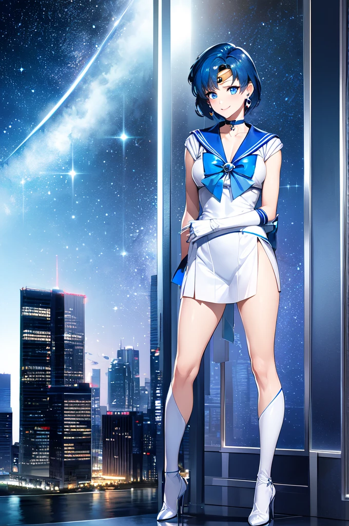 (solo, 1girl), (absurdres, highres, official wallpaper, poster), (masterpiece, best quality:1.2), (illustration, realistic), (perfect details, highest detailed, extreme detailed), dramatic light, AmiMizuno, (sailor mercury, neck ribbon, blue hair, short hair, circlet, jewelry, crescent earrings), (city, starry sky), (seductive smile, blush, standing), full body, hand on hip