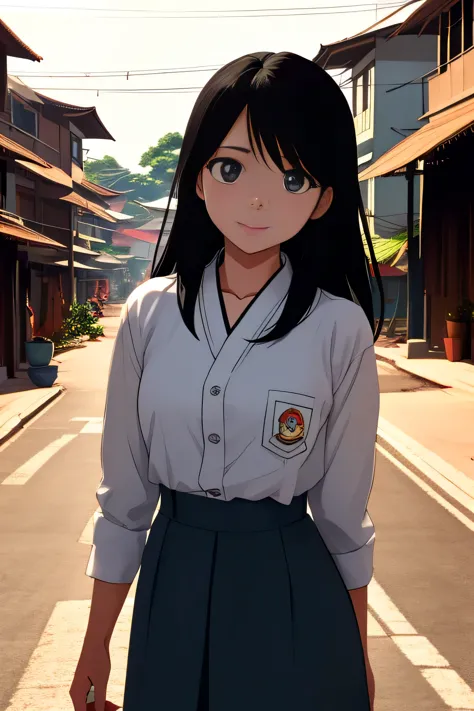 (masterpiece), best quality, young black haired girl wearing indonesian high , detailed city street background, cute facekatsura...