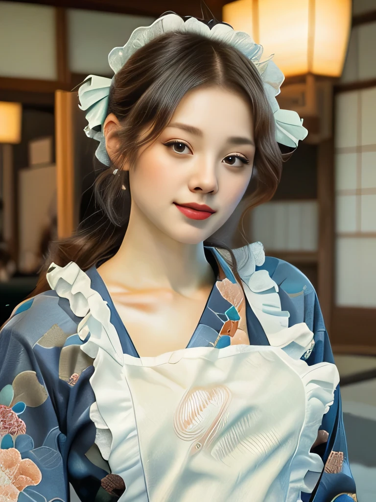 hermosa mujer joven、Una camarera en un café a principios del período Showa.、Elaboradamente dibujado(kimono japonés tradicional:1.5)、(delantal blanco con volantes grande:1.5)、Peinados tradicionales japoneses、diadema blanca con volantes、(de la máxima calidad、4k、8K、Alta resolución、obra maestra:1.2)、Súper detallado、(Real、Fotorrealista、Fotorrealista:1.37)、Retrato、Colores brillantes、iluminación suave