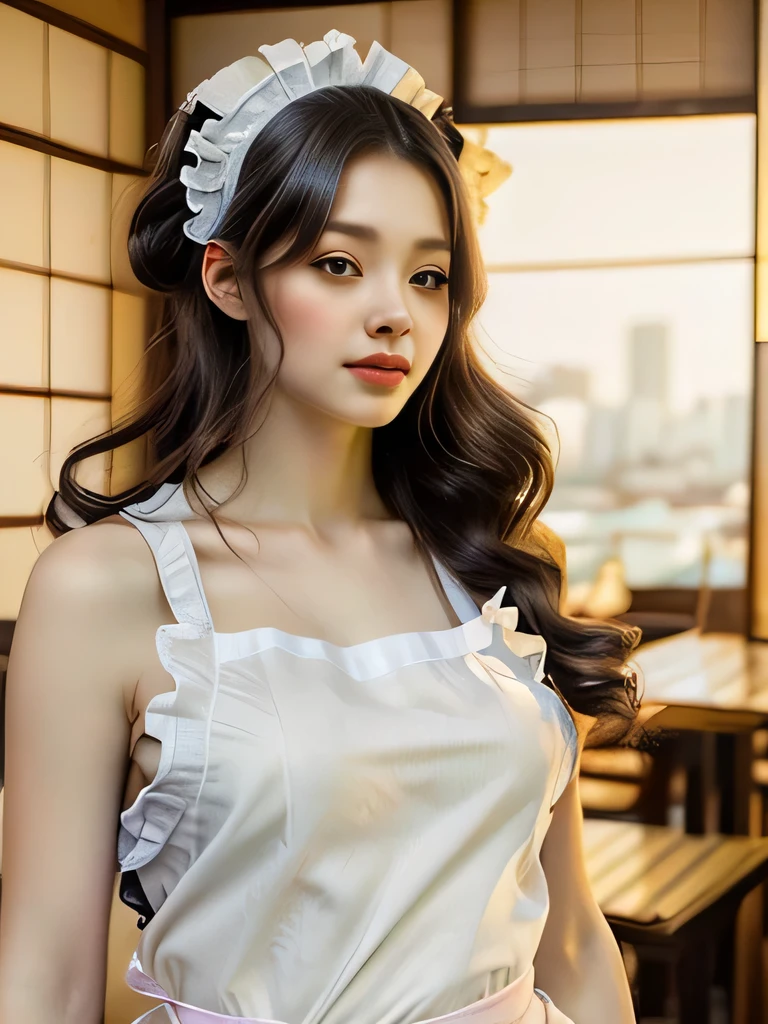 Beautiful young woman、A waitress at a cafe in the early Showa period、Elaborately drawn(Traditional Japanese Kimono:1.5)、(Large frilly white apron:1.5)、Traditional Japan hairstyles、white ruffle headband、(highest quality、4k、8k、High resolution、masterpiece:1.2)、Super detailed、(Real、Photorealistic、Photorealistic:1.37)、Portrait、Bright colors、Soft lighting