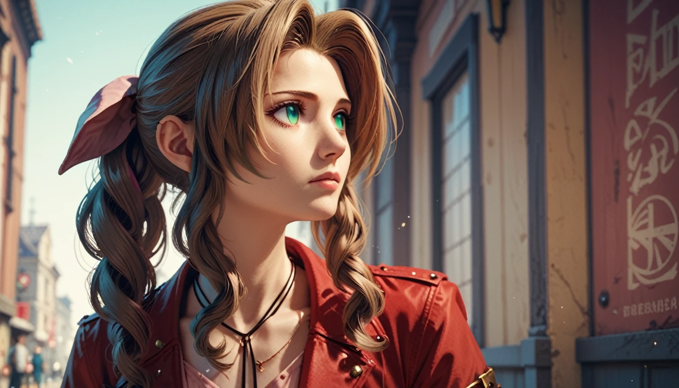 Aerith de ojos rosas,inexpresivo,sin alumnos,mirando lejos