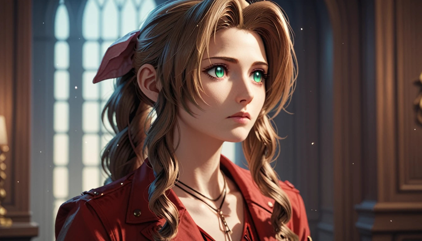 Aerith de ojos rosas,inexpresivo,sin alumnos,mirando lejos