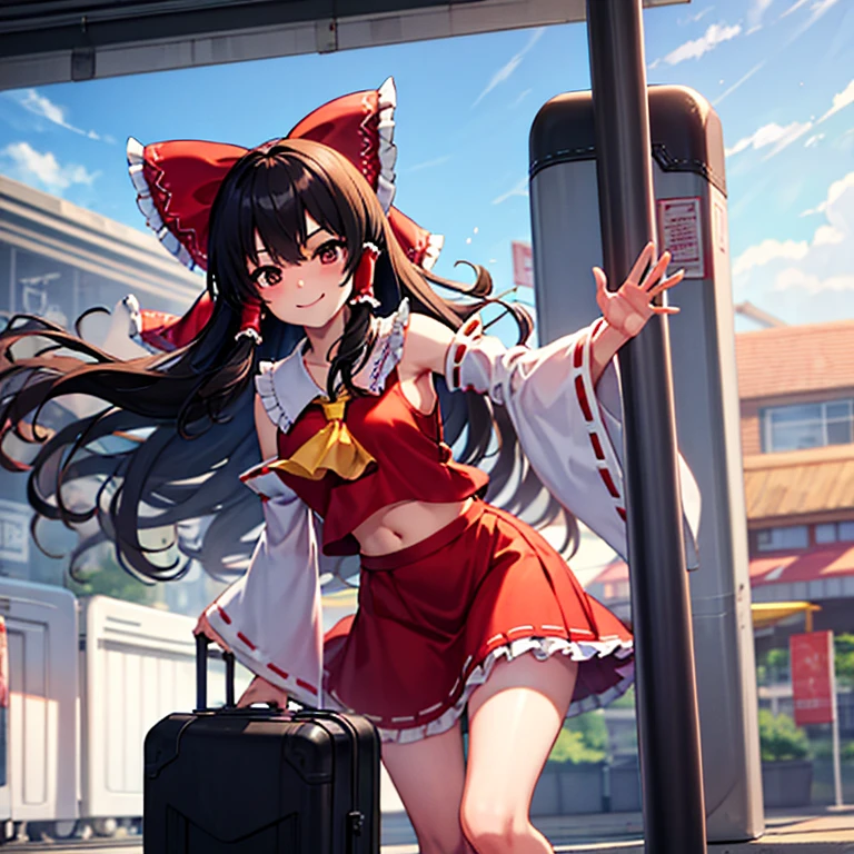 Reimu is on the train platform, picking up her luggage and waving with a smile.