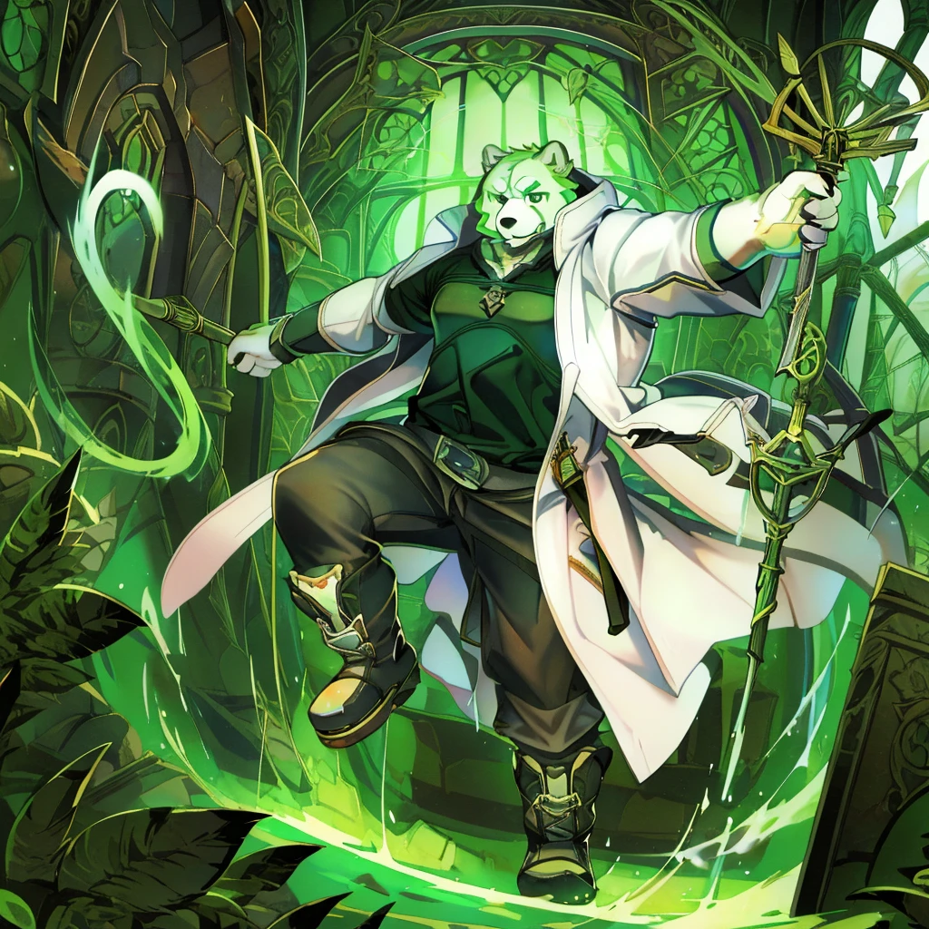 anthro, kemono, male, solo, (((anthro bear))), (((green bear))), (((green fur))), green hair, red eyes, beard, white eyebrows, mature, white background, mage staff, magic, ((((black t-shirt inside), (((white long coat unhooded))), gray trousers, military boots))), full body, splash art, (((action pose))), mage pose,