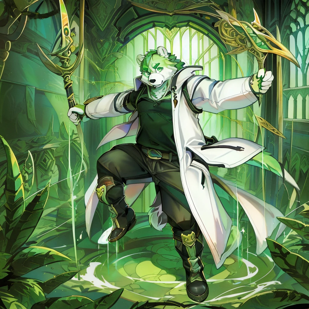 anthro, kemono, male, solo, (((anthro bear))), (((green bear))), (((green fur))), green hair, red eyes, beard, white eyebrows, mature, white background, mage staff, magic, ((((black t-shirt inside), (((white long coat unhooded))), gray trousers, military boots))), full body, splash art, (((action pose))), mage pose,