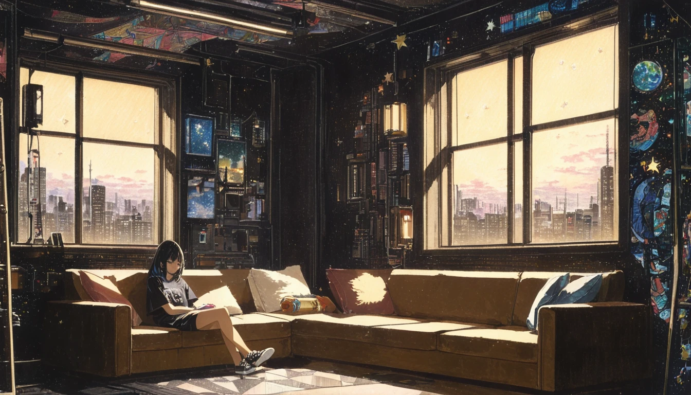 Super detailed:1.3, (Absurd, texture, masterpiece), pixiv Contest Winner, John Berkey, Dynamic cartoon style illustration,Oversized T-shirt、stand lighting、Colored pencil style、Long black hair、play the guitar、sofa、kitten、Night Sky、star、Room with a window、High precision、detailed、８K,Sitting with legs crossed, Starry sky inner hair,Dark aesthetic,Euphoric,Oversized T-shirt,Black shorts,Beautiful woman,Old alley background, Dozing off,Crayon colored Zentangle,overview,Anime key visual,